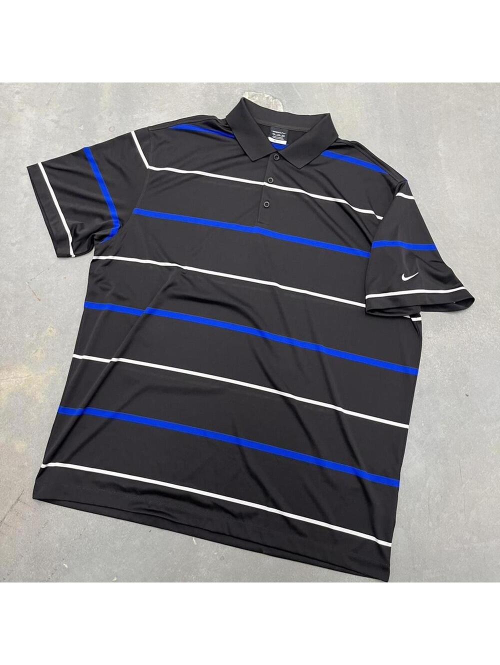 Nike Golf Dri Fit Polo Shirt Mens XXL Black Blue Striped Performance Shirt